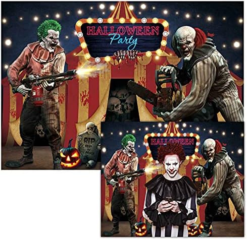 Funnytree 7x5 фута Фон за партита в Цирка на Ужасите за Хелоуин, Зловещи Клоуни, Фон За Снимки, Ретро Празничен Детска Торта за Рожден Ден, Декорация на Масата, Банер, Подпо