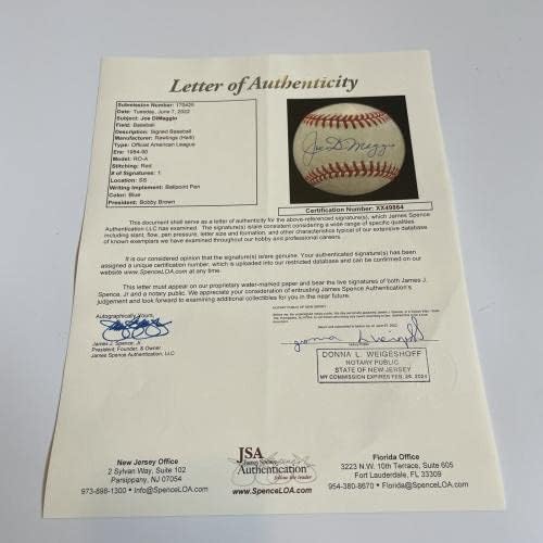 Прекрасен Джо Ди Маджо Подписа Официално споразумение на Американската лига бейзбол JSA COA - Бейзболни Топки