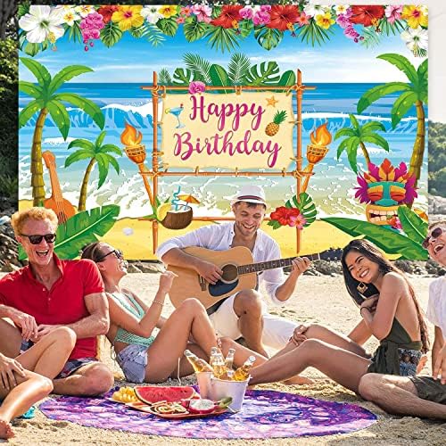 Хавайски фон за рожден Ден в стил Алоха, Летен Фон за снимки на плажа Luau, Тропически Палмови листа, Украса за парти в стил Фламинго Тики, Банер (8X6 ФУТА (94x70 инча))