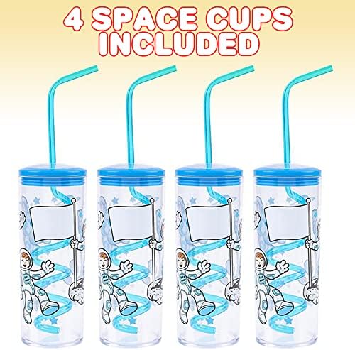 Космически Чаши ArtCreativity с криволичещи соломинками, Комплект от 4 парчета, Подаръци за партита в космоса