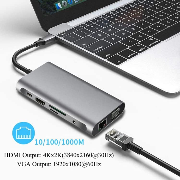 Многопортовый USB адаптер C Hub - преносим ключ 10 в 1 с 4K, HDMI, VGA, Ethernet, 3 USB порта, аудио, зарядно