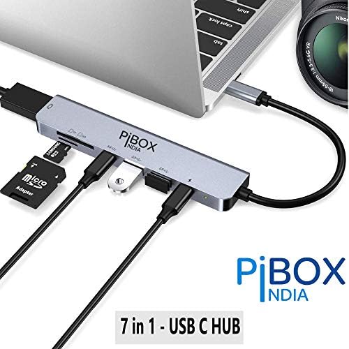 pibox Индия - Зарядно устройство-USB хъб C - 7 в 1 с HDCP 2.2, алуминиев адаптер Type C с пристанище, 4K, HDMI,