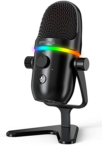Кондензаторен микрофон SPKPAL RGB USB за запис на подкасти, Стрийминг микрофон за компютърни игри с RGB осветление,