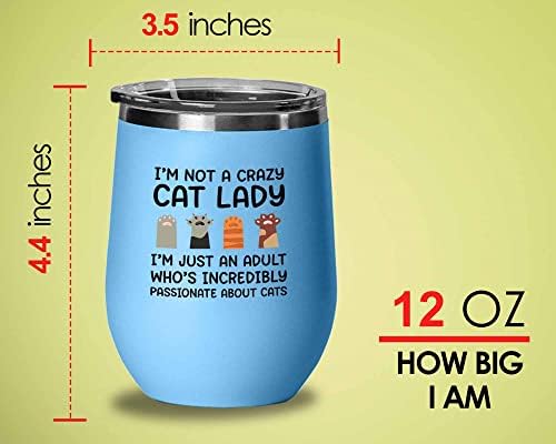 Чаша за вино Flairy Land Cat Lady Blue 12 унции - запален котки -Съдове за Кошачью тема, Подарък За родителите