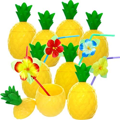Опаковъчна хартия от 24 Пластмасови Чашки с ананас, Капаци и соломинками от хибискус, Хавайски Празнични Чаши Luau Aloha Party Favor (24)
