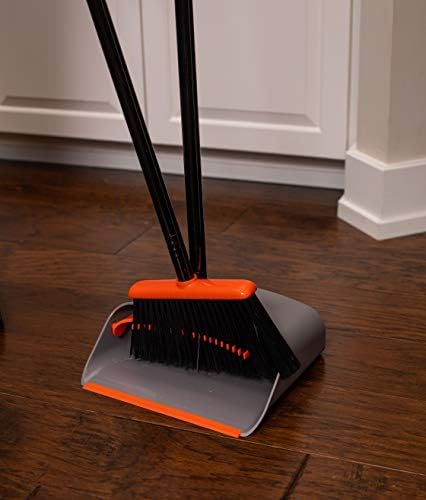 Набор от домашната метла и лопата за смет BirdRock - Тава за прах във фоайето - Оранжево и сиво Издръжлив комплект - За помещения или на улицата - Комбинирана четка за поч?