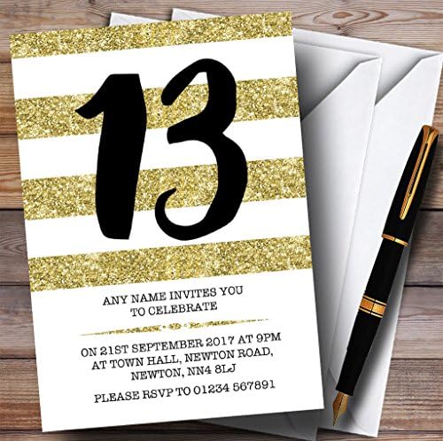 13-Те Персонални Покани на парти по случай рождения Ден в Блестяща Златна и Бяла Ивица