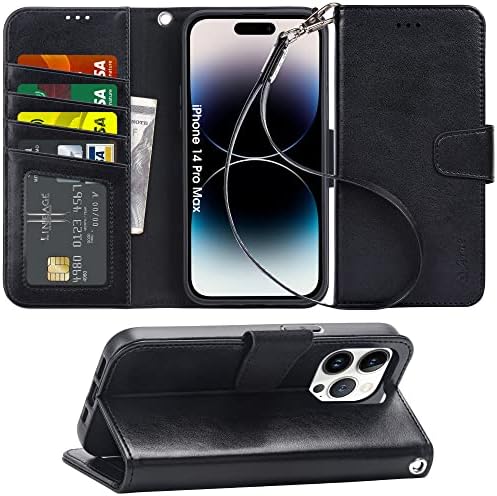 Arae е Съвместим с калъф за iPhone 14 Pro Max, Панти капак-портфейл с държач за карти и каишка за китката за