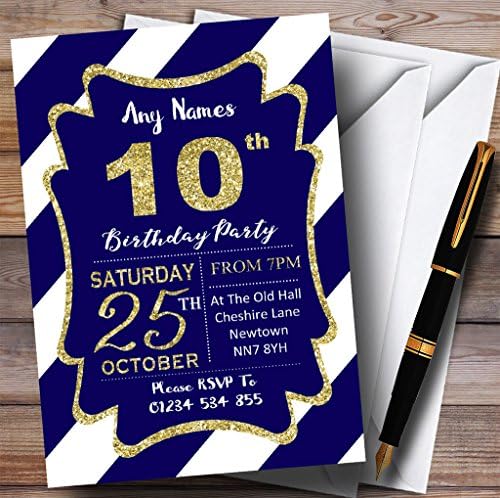 Сини Бели Диагонални Ивици Златното 10-те Персонални Покани На парти по случай рождения Ден