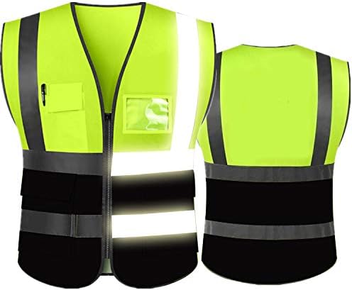 Отразяваща жилетка повишена видимост DOBYYUNZHEN с джобове и цип, Работно жилетка Hi Vis (Неоново жълто / Черно