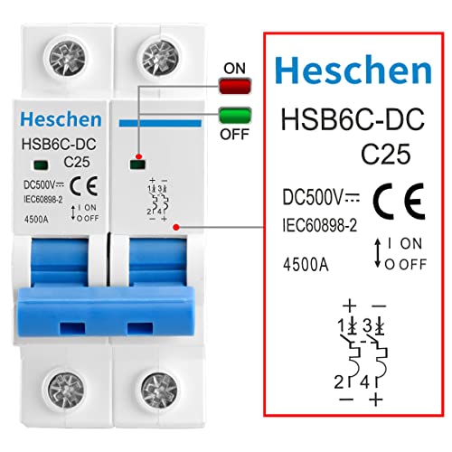 Миниатюрен автоматичен прекъсвач за постоянен ток, Heschen, HSB6C-DC, 2 полюса, DC500V 25A, Фотоелектричния