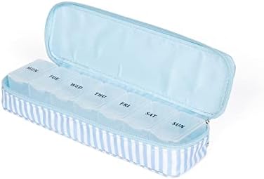 Дамски голяма кутия за хапчета MIAMICA джоб с подвижна пластмасова организатора на 7 дни, в Синя и бяла ивица, 8 x 2,25 x 1,50 – Компактна кутия за лекарства за една седмица