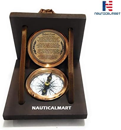 Джобен компас, месинг в морски стил Морски-Mart, Автентичен Ретро стил, Стихотворение на Робърт Фрост в Дървен