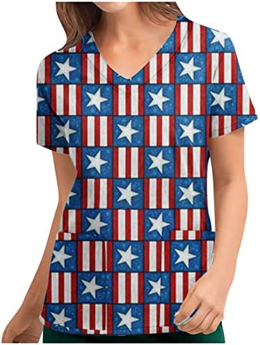 Дамски ризи Scrubs_Tops на Деня на Независимостта с V-образно деколте и Принтом Звезди, Ежедневни Летни Блузи