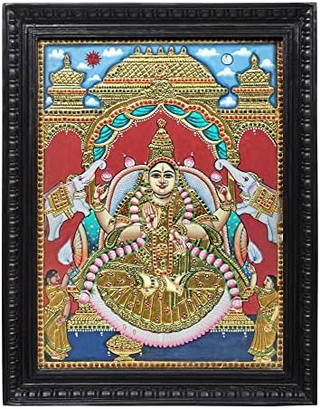 Екзотична Индия 21 x 27 Модел Падмасаны Гаджалакшми Танджоре | Традиционните Цветове С 24-Каратово злато | Рамка