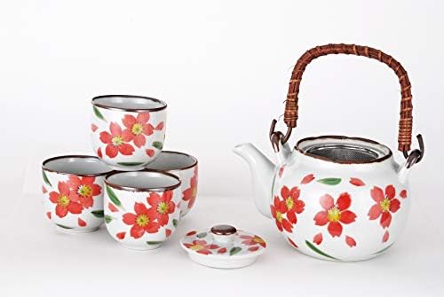 Fuji Merchandise Corp Чай в Японски Стил, Порцеланов Чайник обем 22 Течни Унции, Цедка и Комплект от 4 Чаши
