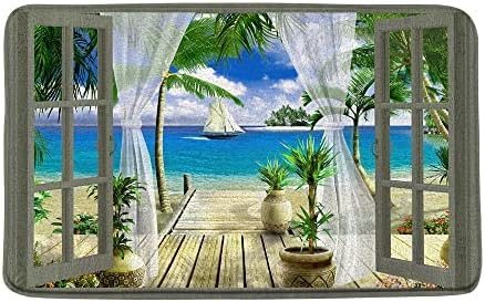 Подложка за вана JADJCA Ocean Дървени Прозорци Тропическа Палма Лятна Морска Вълна Ветроходство Хавай Подложка