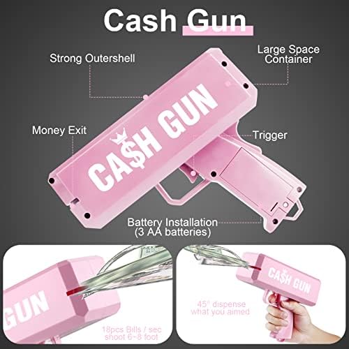 Pink Money Gun Shooter 201 БР Фалшиви пари, Играчка пистолет за доларови банкноти Make it Rain, Пари, оръдие,