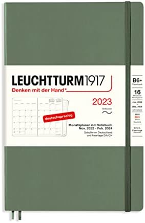 LEUCHTTURM1917 365797 Дневник с бележник с меки корици (B6+) на 2023 година, на 16 месеца, Маслина, Немски