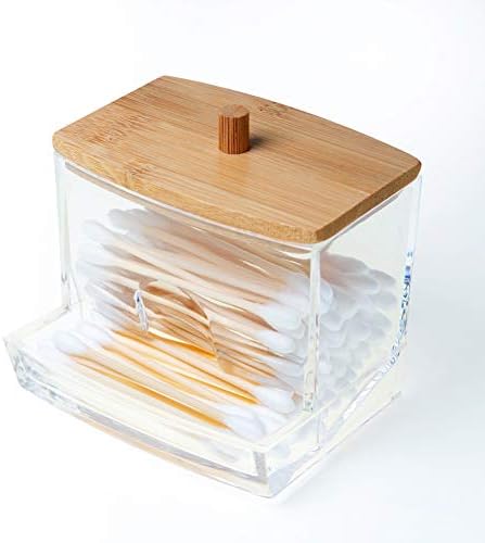 Акрилни Притежателя Qtip от NAGU с бамбук Капака, Прозрачен Опаковка за Малки Памучни Тампони, Пластмасов Държач