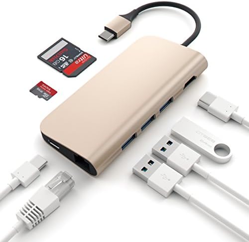 Алуминиев Многопортовый адаптер Satechi 4K, HDMI, минавайки USB-C, Gigabit Ethernet, устройство за четене на