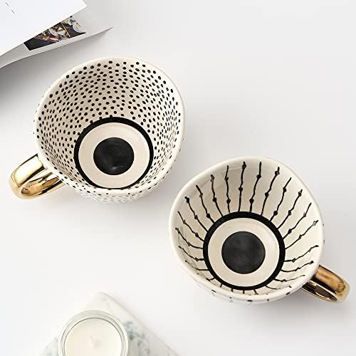 Комплект чаши кафе на MugsNcups от 2 теми, Керамични Уникална Чаша с Неправилна форма със Златни Дръжки, Порцеланова