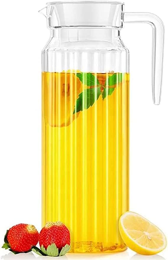Стъклен Прозрачен Хладилник EROOLU Стомна за Вода, Плодови сокове и спиртни напитки с капак Капацитет 1,2 л
