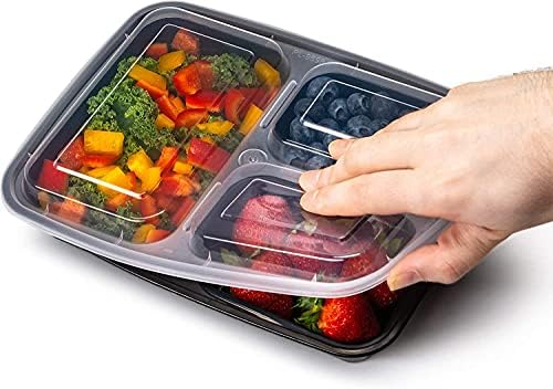 Ez Prepa [20 опаковки] Съдове за приготвяне на храна в 3 отделения по 32 грама с капаци - Bento Box - Пластмасови