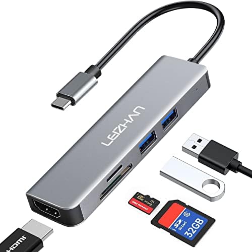 USB C Хъб с пускането на 4K, HDMI, Leizhan 5 в 1 USB 3.0 Адаптер Type C Хъб към HDMI C USB Адаптер за четене на карти SD TF карта, USB 3.0 и 2.0 OTG Адаптер, Съвместим за MacBook Air и HP XPS